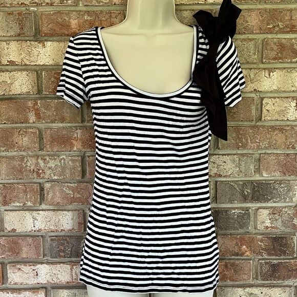Material Girl Womens Striped Scoop Neck Short Sleeve Bow Accent Shirt Small - Picture 1 of 2